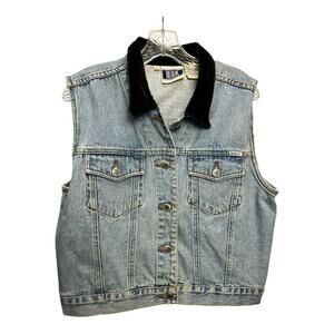 Vintage Bill Blass Denim Jean Vest Womens L Blue Button Velour Collar Rock SB31